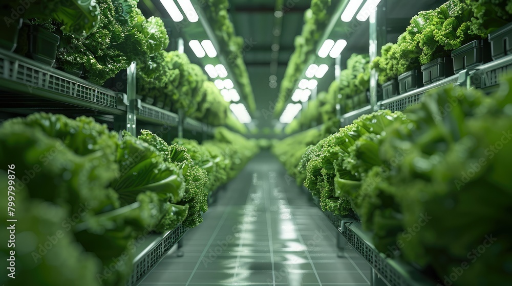 Indoor hydroponic kale farm, kale growing in vertical trays, low angle, clean tile floor. Generative AI.