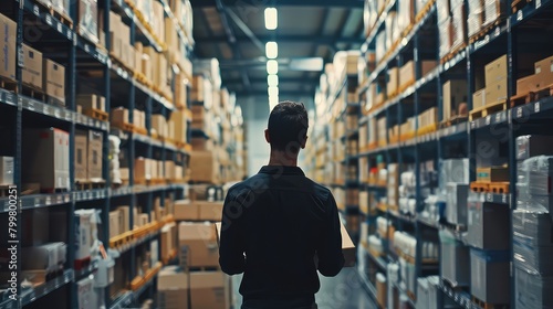 Warehouse scene: delivery man holds a parcel, surrounded by shelves of inventory.