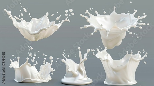 Realistic milk splashes and waves with drops and splatters, featuring liquid swirls and drips in the shape of a crown, as well as flowing streams of liquid.