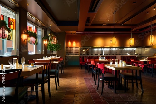 interior of restaurant dinner room, tables and chairs, luxury hall