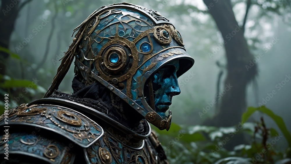 Obraz premium Warrior Statue Amidst Military Gear and Weapons in Bronze Sculpture