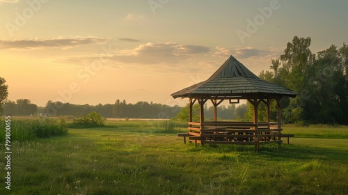 A scene at a supermarket featuring a rustic, circular gazebo surrounded by benches inside, set in a meadow during the late afternoon, captured from a distance.