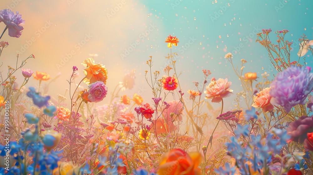 A captivating water action photo capturing a profusion of large, multicolored flowers floating in a vast expanse. The scene includes peonies, ranunculi, bluebells, daisies, forget-me-nots, and anemone