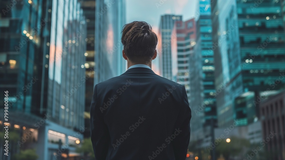 background of a businessman dressed professionally and surrounded by glass offices in contemporary buildings, suitable for investing in stocks,