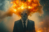 Man business suit and tie exploding head. The concept of mental overload, busyness, stress at work, brain drain skull head skeleton
