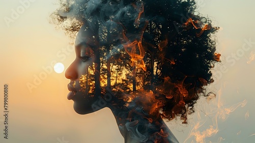 Aesthetic Harmony: Human Silhouette and Tree Line in Captivating Double Exposure