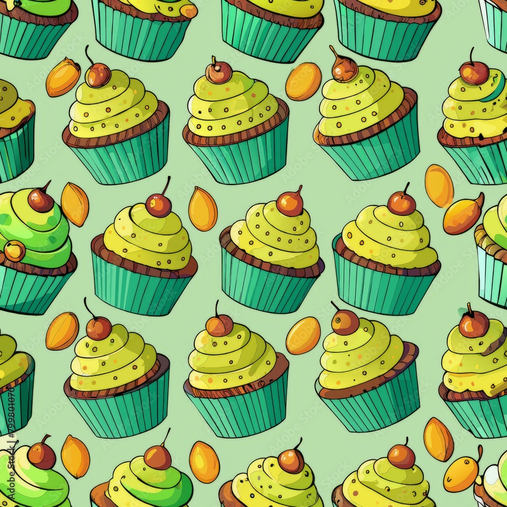 Seamless pattern of pistachio cupcakes decorated with chopped nuts, Generative AI 