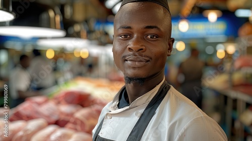 A young black butcher standing proudly in front of his modern butchery in an upmarket mall. Generative AI. © visoot