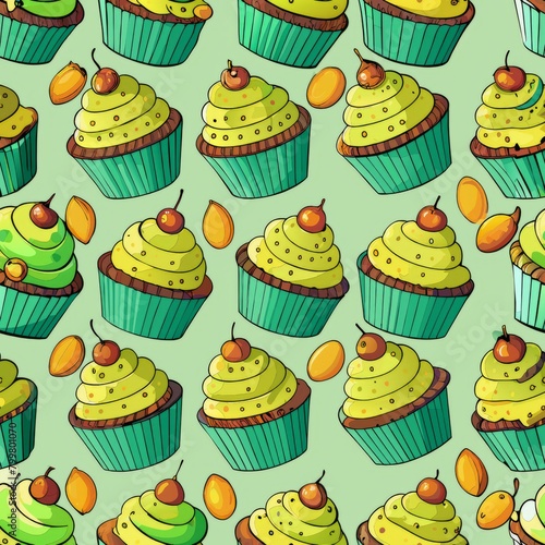 Seamless pattern of pistachio cupcakes decorated with chopped nuts  Generative AI 