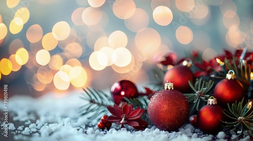 A festive Christmas background adorned with an array of glittering Christmas balls, set against a backdrop of golden bokeh lights. 