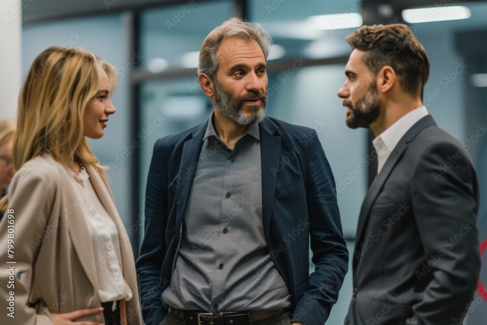 small group of people in formal suits are working, talking, and having a conference together in an office space of a company. small group of people in formal suits are working, talking, and having a conference together in an office space of a company.