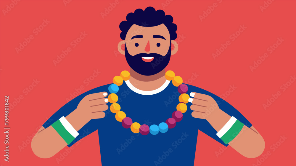 A man proudly showcasing a handmade beaded bracelet featuring bold and masculine colors and patterns..