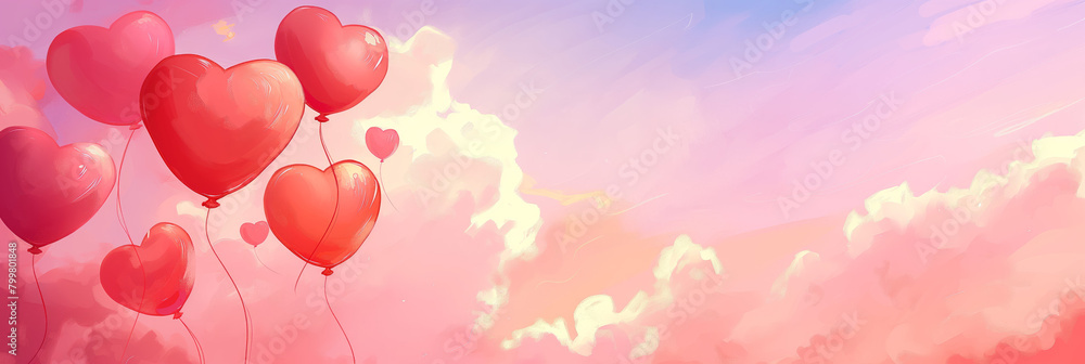Gently rendered scene of heart balloons lined up against a soft watercolor pink sky