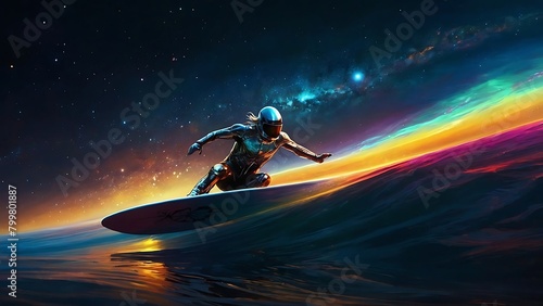 Night Silhouettes: Illustrations galaxy of People Under the moon and stars on a surfboard on the beach