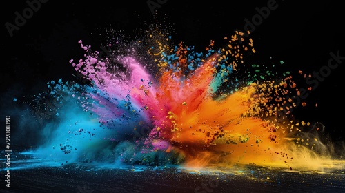 Bold and dramatic, abstract colorful splashes leap across the canvas of a rich black background. 