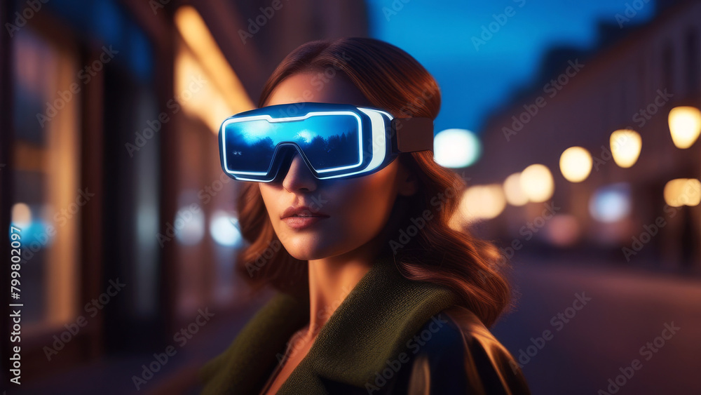 Woman enjoying VR headset gadget outside at night. Female having fun and playing metaverse gaming. Concept of virtual reality and augmented reality