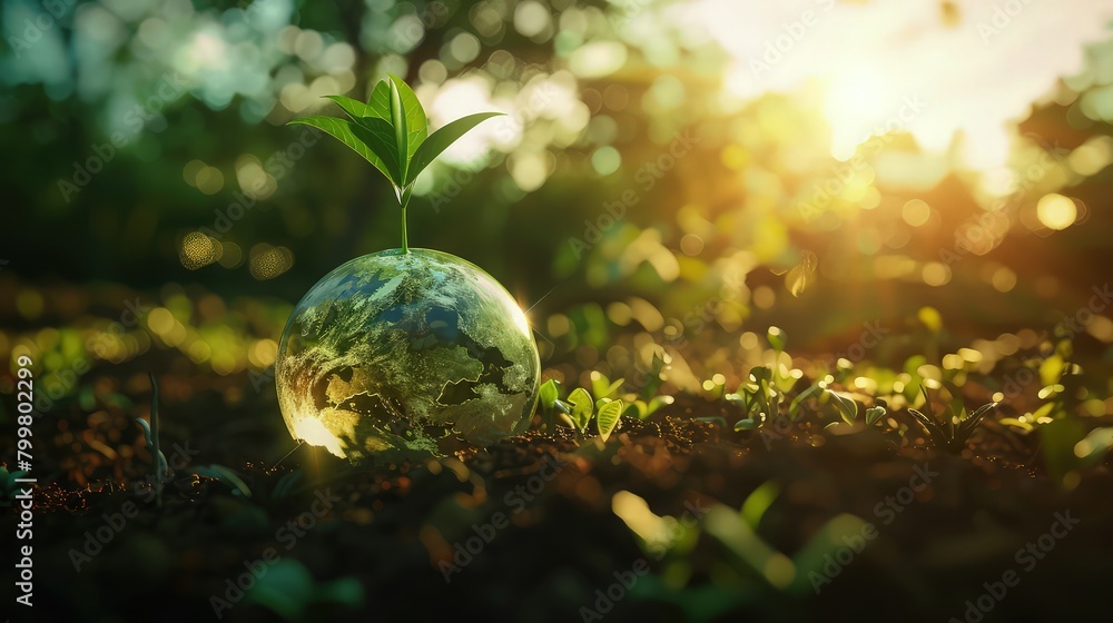 In a lush green landscape, a small green tree stands proudly on a globe-shaped mound of earth. Surrounded by vibrant foliage and under the expansive blue sky. In a lush green landscape, a small green tree stands proudly on a globe-shaped mound of earth. Surrounded by vibrant foliage and under the expansive blue sky.
