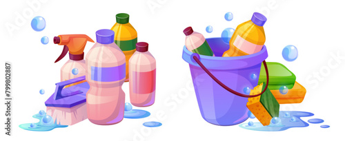 Household clean supplies and bottle vector icon. Brush, cleaner and detergent spray in plastic bucket with soap bubble. Cleanup tool set for bathroom. Housekeeping stuff kit for hygiene in kitchen