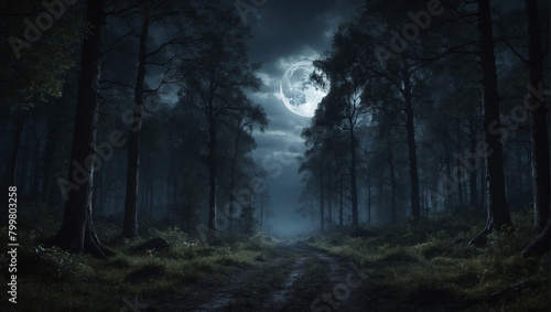  a dark forest with tall tress and a path leading into the distance. The sky is dark and there is a bright light in the distance.