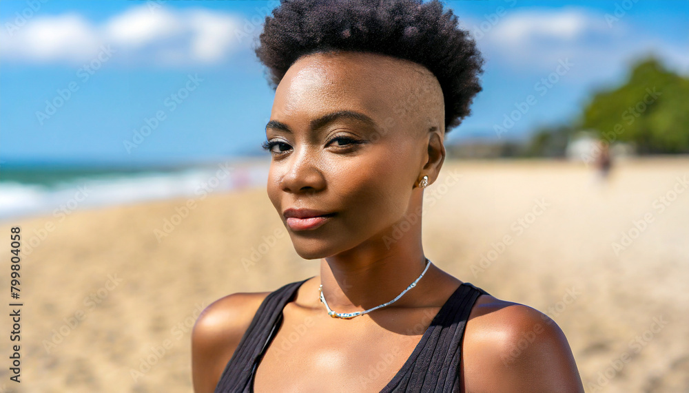 Portrait of a bisexual woman with short hair on a sandy beach Portrait of a bisexual woman with short hair on a sandy beach