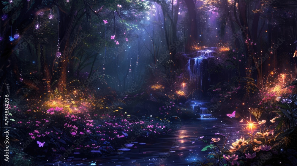 An enchanted forest at night, with glowing flowers, a sparkling river, and mystical creatures lurking in the shadows. Resplendent.