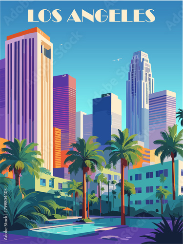 Los Angeles, USA Travel Destination Poster in retro style. Cityscape digital print. Summer vacation, holidays concept. Vintage vector illustration.