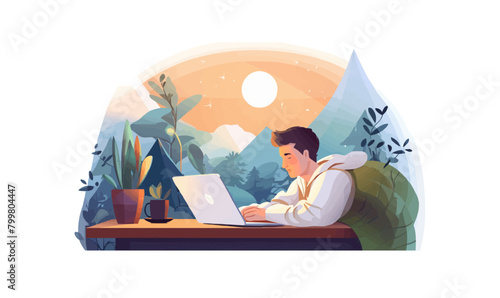 person in bed working on laptop vector flat isolated illustration