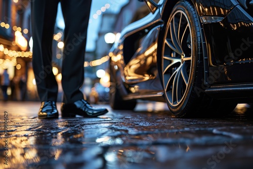 Close-up at a smart businessman feet in formal uniform which is standing in front of a supercar, successful businessman concept. photo