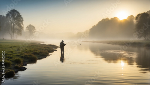 A man is standing on the shore of a lake with a fishing rod in his hand photo