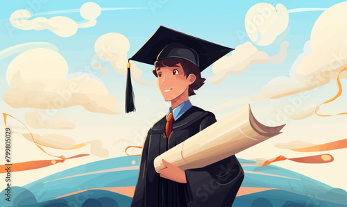 college graduate student holding diploma certificate degree achievement graduation cap robe vector illustration