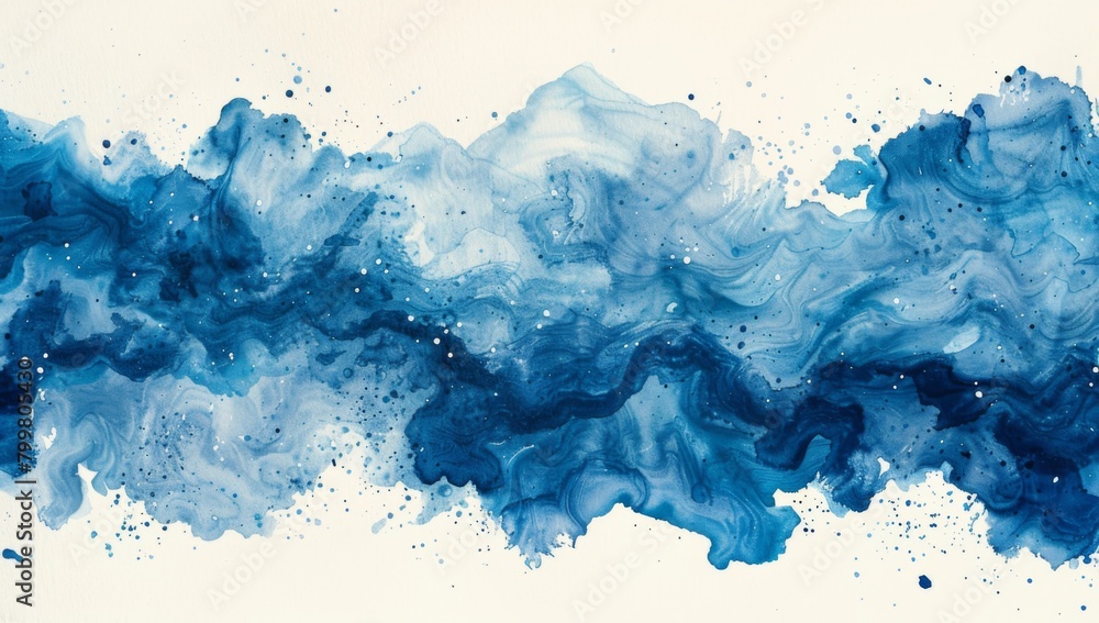 Abstract blue watercolor background with waves and clouds