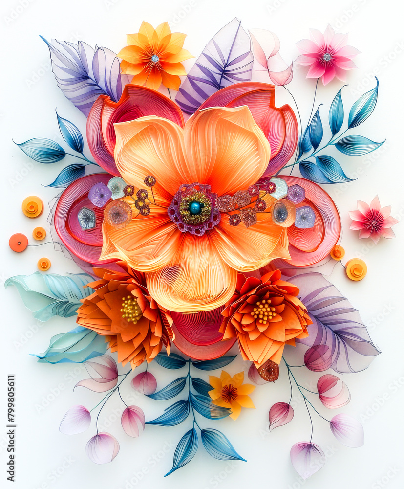 Handcrafted Paper Flower Wreath on White Background. Handcrafted Paper Flower Wreath on White Background.