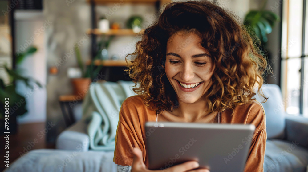 Smiling young woman using digital tablet while sitting on sofa at home. AI. Smiling young woman using digital tablet while sitting on sofa at home. AI.