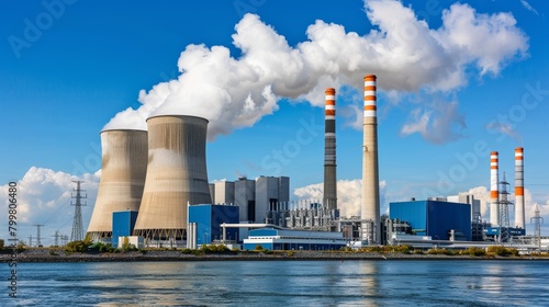 Environmental impact of nuclear plant pollution with smokestacks and gas pipelines
