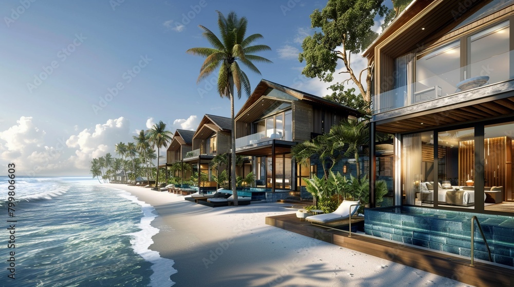 A row of highend pool villas at a tropical resort, each facing the gentle waves of a sandy beach AI Generate