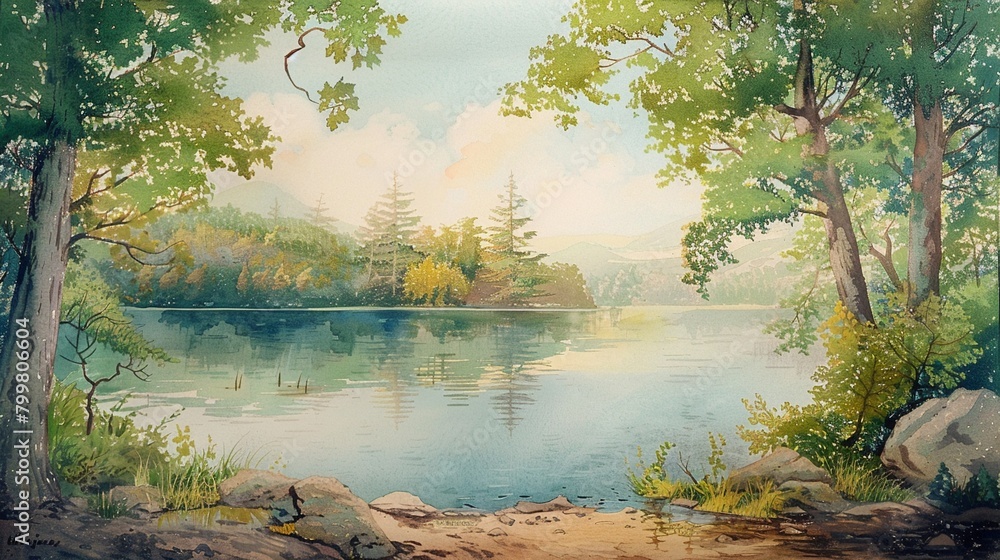 Obraz premium A tranquil lake scene, rendered in vertical pastel watercolors, evoking peace and stillness AI Generate