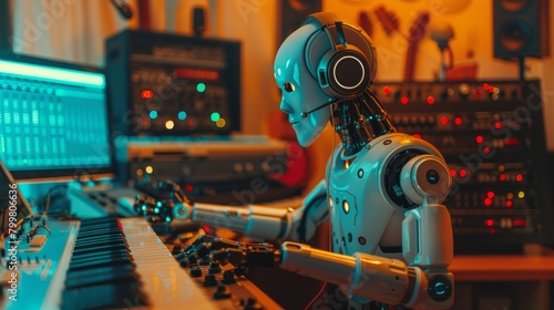AI robot with headphones playing music in a music studio playing beats on © ศิริชาติ ชุมพล