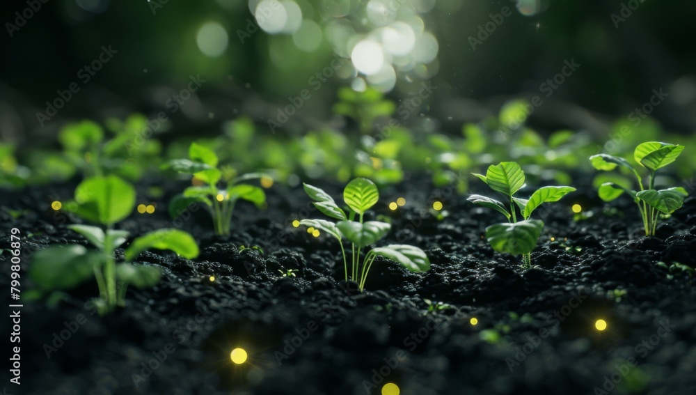 green sprouts on black soil, background of forest green sprouts on black soil, background of forest