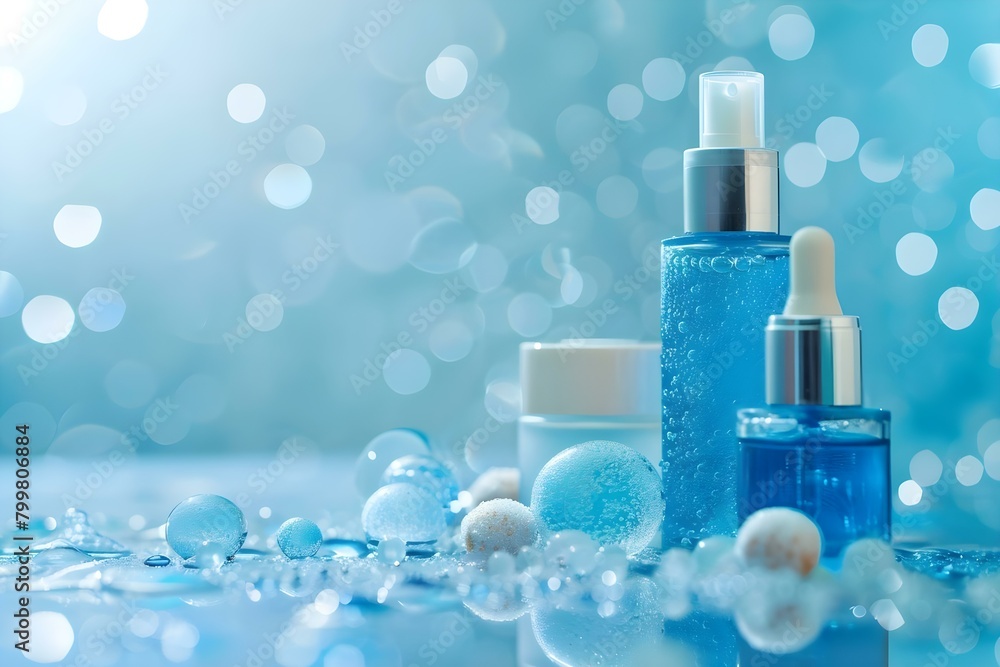 Blue serum and cream bottles with bubbles for skincare routine. Concept Skincare Routine, Blue Bottles, Bubbles, Serum, Cream Blue serum and cream bottles with bubbles for skincare routine. Concept Skincare Routine, Blue Bottles, Bubbles, Serum, Cream