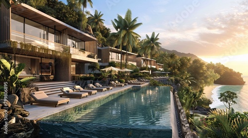 Luxury tropical resort with modern pool villas cascading towards a pristine, sunlit beach AI Generate