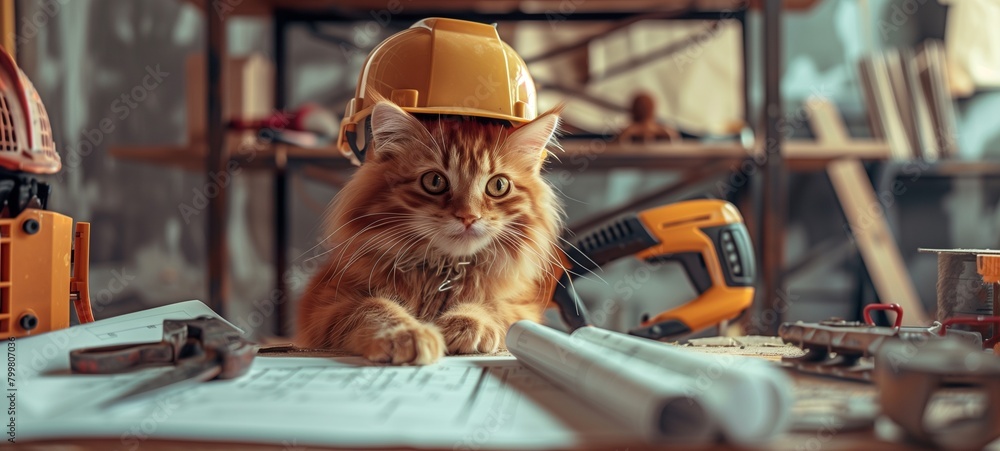 Cat foreman on construction site. A charming ginger cat donning a safety helmet, surrounded by tools and blueprints. Cat foreman on construction site. A charming ginger cat donning a safety helmet, surrounded by tools and blueprints.
