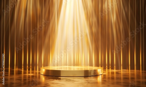 Golden podium. A round, shiny gold podium illuminated by dramatic vertical spotlights, ideal for showcasing an award or product.