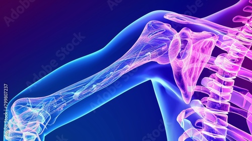 Detailed view of inflamed shoulder joint anatomy on dark background for medical concepts photo