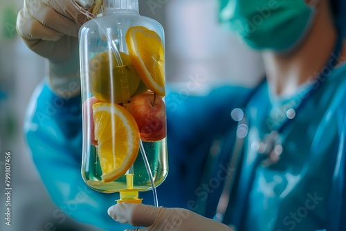 Medical professionals use IV bags creatively for fruit and saline solutions. Concept Medical Professionals, IV Bags, Creativity, Fruit Solutions, Saline Solutions photo