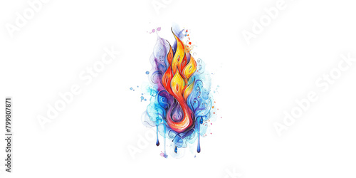 watercolor, colorful fire and water drop tattoo design in the style of clipart on white background