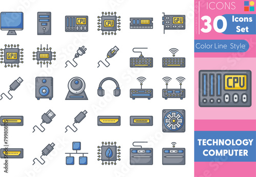 Set of Technology Computer colorline icons in linear style. User opinion and survey. Color 
line icon collection. Conceptual pictogram and infographic.