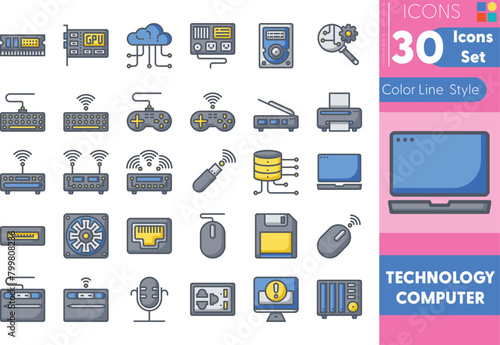 Set of Technology Computer colorline icons in linear style. User opinion and survey. Color 
line icon collection. Conceptual pictogram and infographic.