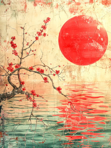 Abstract Sakura Branch and Red Sun Artwork.