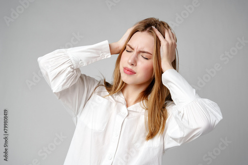 Fotografía Woman With Hands on Head Suffering Headache