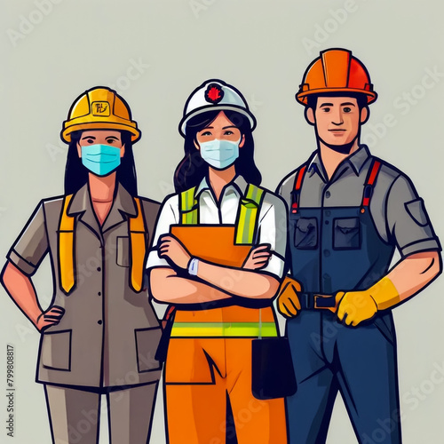 A Group of People in different Professions. Construction worker, Female Doctor, Policeman, Chef woman, Fireman standing together celebrate Labour day. Flat style vector illustration